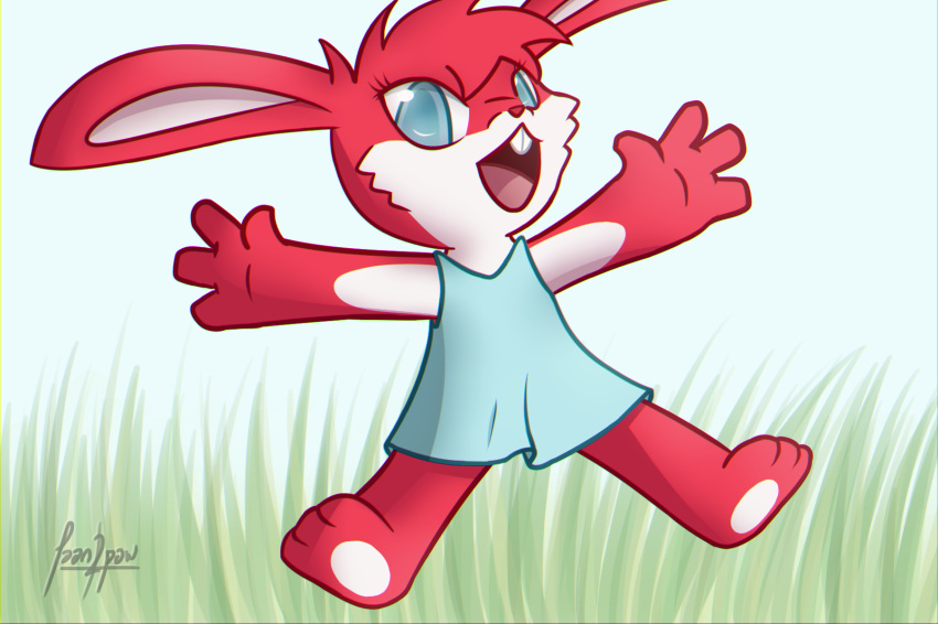 2018 anthro barefoot blue_eyes chibi clothed clothing cute digital_media_(artwork) dress female front_view fur grass hair happy hi_res hindpaw humanoid_hands jaan&amp;paw jumping lagomorph leipori long_ears looking_at_viewer mammal moji_(paladins) multicolored_fur nature open_mouth open_smile outside paladins paws rabbit red_fur red_nose signature simple_background sky smile solo teeth toes tongue two_tone_fur video_games white_fur