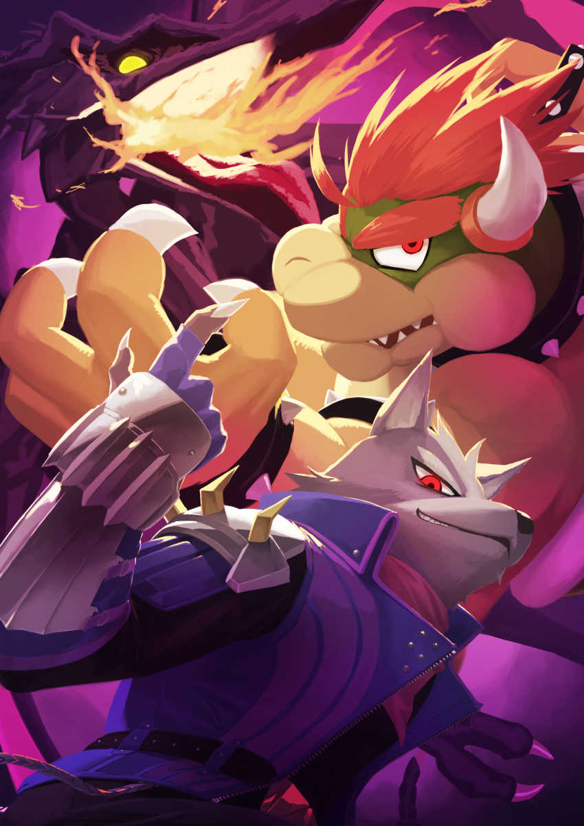 anthro ascot bowser canine claws close-up clothed clothing crossover detailed dragon feral fire fur gloves glowing glowing_eyes horn jacket king koopa male mammal mario_bros metroid nintendo open_mouth pants red_eyes ridley royalty scalie sharp_claws sharp_teeth shirt size_difference smile space_dragon_(metroid) star_fox super_smash_bros super_smash_bros._ultimate teeth tongue tongue_out video_games wolf wolf_o'donnell がおがお