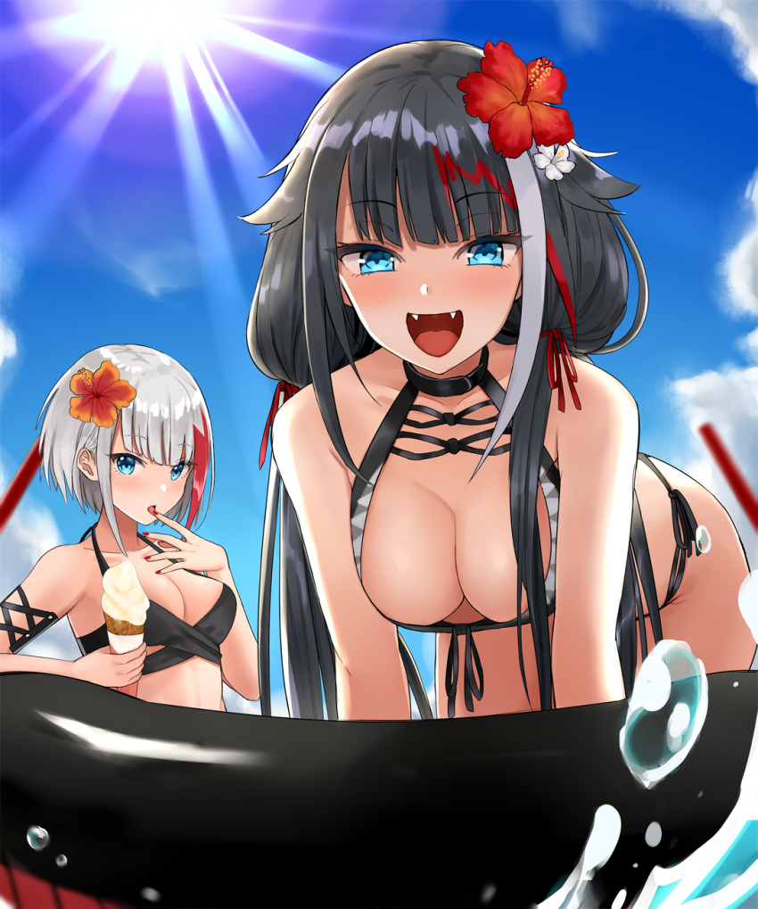 admiral_graf_spee_(azur_lane) alternate_costume azur_lane bangs bikini black_bikini black_hair blue_eyes blue_sky blush breasts cleavage cloud collarbone commentary_request day deutschland_(azur_lane) eyebrows_visible_through_hair finger_licking flower food hair_flower hair_ornament halter_top halterneck highres holding holding_food ice_cream ice_cream_cone kinokorec large_breasts leaning_forward licking long_hair looking_at_viewer medium_breasts multicolored_hair multiple_girls open_mouth outdoors red_hair short_hair side-tie_bikini sidelocks silver_hair sky smile splashing streaked_hair sun sunlight swimsuit tongue tongue_out very_long_hair