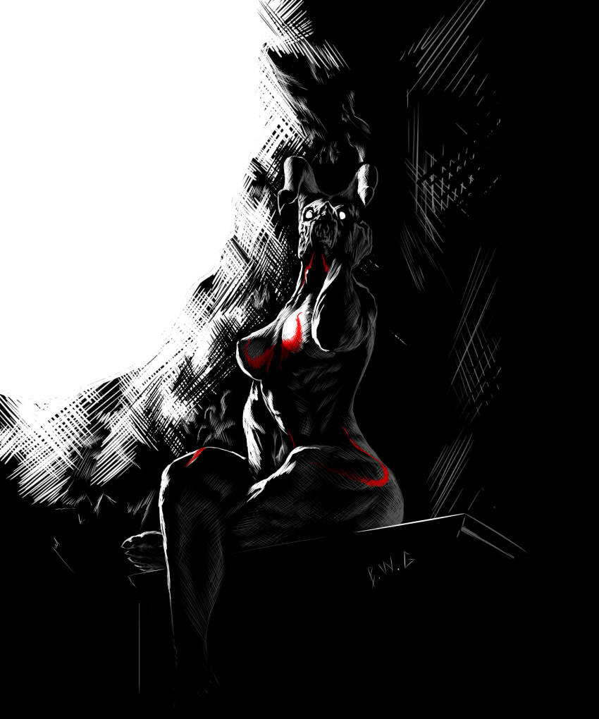 abs barefoot big_breasts black_and_white bodypaint breasts bwgod crossed_legs demon feet female horn humanoid humanoid_feet humanoid_hands looking_at_viewer markings monochrome muscular muscular_female nails nipples nude sharp_nails sharp_teeth signature simple_background sitting teeth