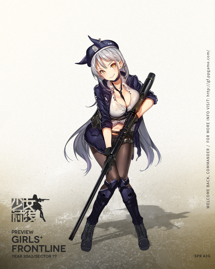 armor bangs between_breasts black_footwear black_gloves black_legwear black_neckwear black_shorts blue_hat blue_jacket blush boots breasts brown_eyes character_name cleavage collared_shirt copyright_name cross-laced_footwear fn_spr_a3g full_body girls_frontline gloves gun hair_ornament hairclip hat head_tilt highres holding holding_gun holding_weapon jacket knees_together_feet_apart lace-up_boots large_breasts leaning_forward logo long_hair navel necktie necktie_between_breasts official_art open_clothes open_jacket pantyhose parted_lips pouch rifle shin_guards shirt short_shorts shorts sidelocks silver_hair sleeves_rolled_up smirk sniper_rifle solo spr-a3g_(girls_frontline) stomach strap thigh_strap tied_shirt trigger_discipline very_long_hair weapon white_shirt x_hair_ornament yuran