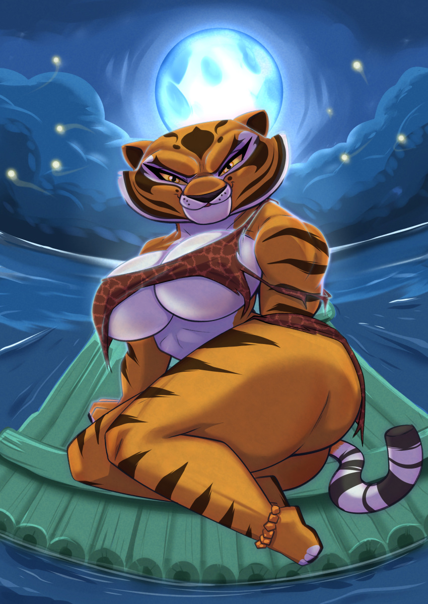 2018 absurd_res anthro arthropod barefoot big_breasts breasts clothing dreamworks feline female firefly full_moon gloomy hi_res huge_thighs insect joelasko kung_fu_panda looking_at_viewer mammal master_tigress moon muscular muscular_female night raft sea smile solo stripes thick_thighs tiger torn_clothing water wide_hips yellow_sclera