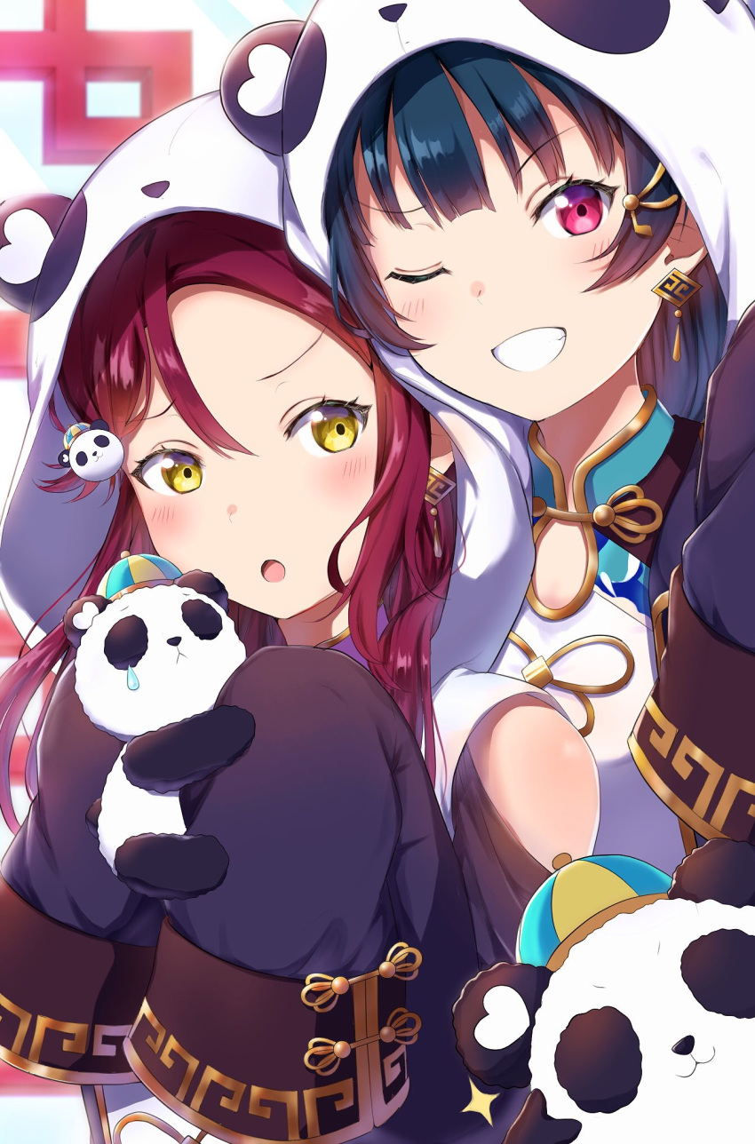 :o bangs blue_hair blush chinese_clothes commentary_request earrings eyebrows_visible_through_hair flower_knot gold_trim grin hair_ornament hairclip hat highres holding hood hood_up jewelry long_hair looking_at_viewer love_live! love_live!_sunshine!! mia_(fai1510) multiple_girls one_eye_closed panda panda_hair_ornament panda_hood purple_eyes red_hair sakurauchi_riko shoulder_cutout sleeves_past_fingers sleeves_past_wrists smile sparkle teardrop tsushima_yoshiko upper_body v-shaped_eyebrows yellow_eyes