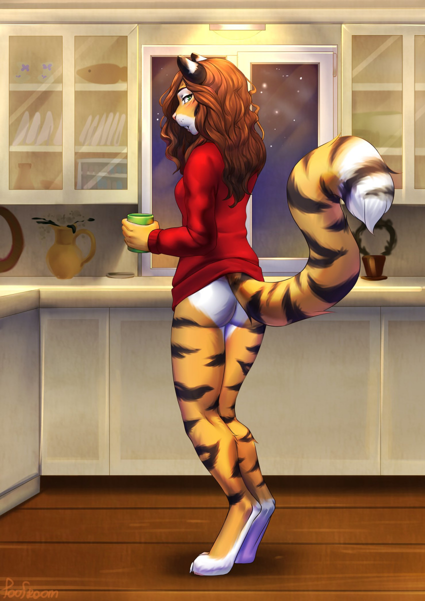 2018 5_fingers alex_marx alexthecatte anthro blush bottomless brown_hair butt clothed clothing detailed_background digital_media_(artwork) digitigrade feline female fur green_eyes hair hi_res inside long_hair looking_at_viewer looking_back mammal multicolored_fur night orange_fur poofroom solo standing sweater tiger window