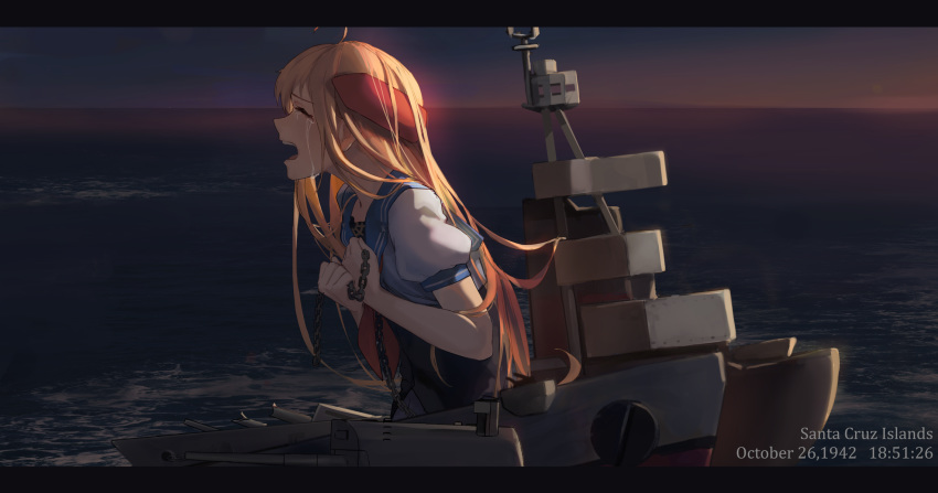 ahoge blonde_hair closed_eyes crying from_side highres holding_chain long_hair neckerchief night northampton_(zhan_jian_shao_nyu) ocean open_mouth outdoors red_neckwear sailor_collar shirt short_sleeves shuang_ye solo tears very_long_hair zhan_jian_shao_nyu