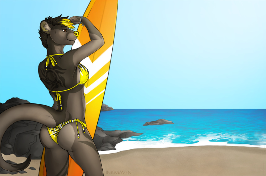 2016 anthro beach big_breasts bikini biped black_fur black_hair black_tail blonde_hair bracelet breasts brown_eyes butt clothed clothing countershade_face countershade_legs countershade_torso countershading digital_drawing_(artwork) digital_media_(artwork) dipstick_tail euplerid female fossa fur grey_countershading grey_fur grey_tail hair half-length_portrait humanoid_hands inkmaven inner_ear_fluff jewelry long_tail mammal midriff multicolored_fur multicolored_hair multicolored_tail otter_(inkmaven) outside pinup portrait pose raised_arm rear_view rock sand sea seaside short_hair side-tie_bikini side_boob skimpy sky smile snout solo standing surfboard swimsuit tattoo two_tone_fur two_tone_hair two_tone_tail water yellow_clothing yellow_nose