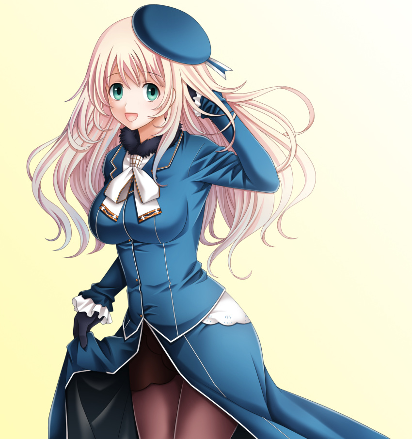 atago_(kantai_collection) beret black_gloves black_legwear blonde_hair blue_hat blue_jacket blush breasts gloves green_eyes hat highres jacket kantai_collection large_breasts long_hair military military_uniform open_mouth pantyhose skirt skirt_hold smile solo tamamon uniform white_neckwear yellow_background