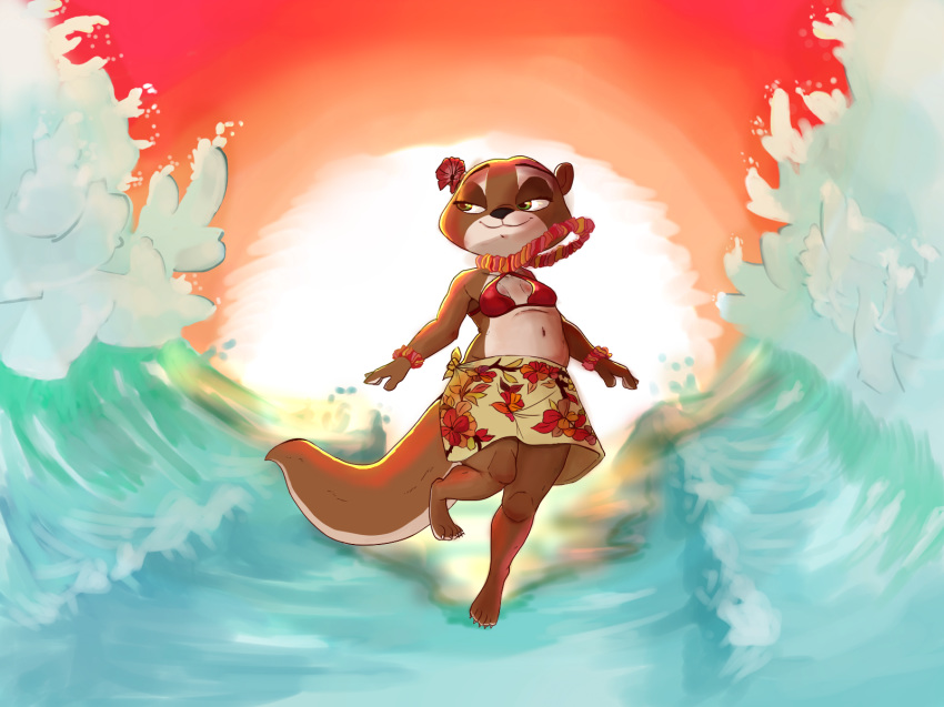 &lt;3 anthro beach bikini clothed clothing digital_(artwork) female hawaii hawaiian mammal mustelid otter randomlist sea seaside slightly_chubby sunrise swimsuit water wave zoe_ottero