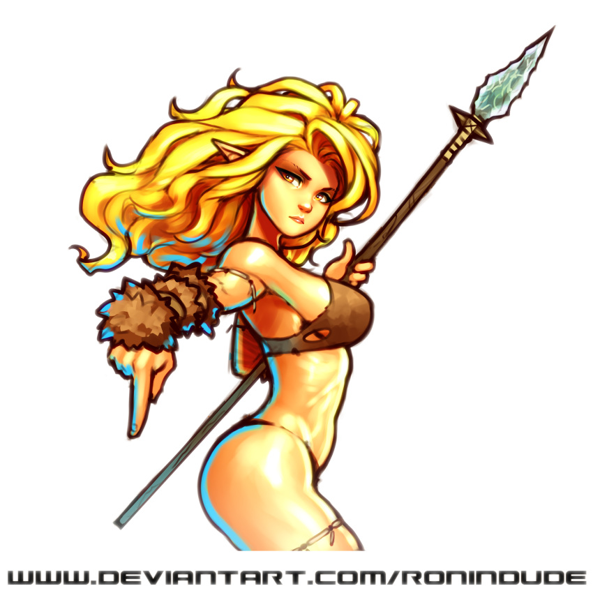 arm_warmers armlet blonde_hair breasts cave_elf_(ronindude) commentary cropped_legs elf english_commentary from_side highres holding holding_weapon lips long_hair medium_breasts no_tail original pointing pointing_down pointy_ears polearm ronindude sideboob single_strap solo spear weapon yellow_eyes