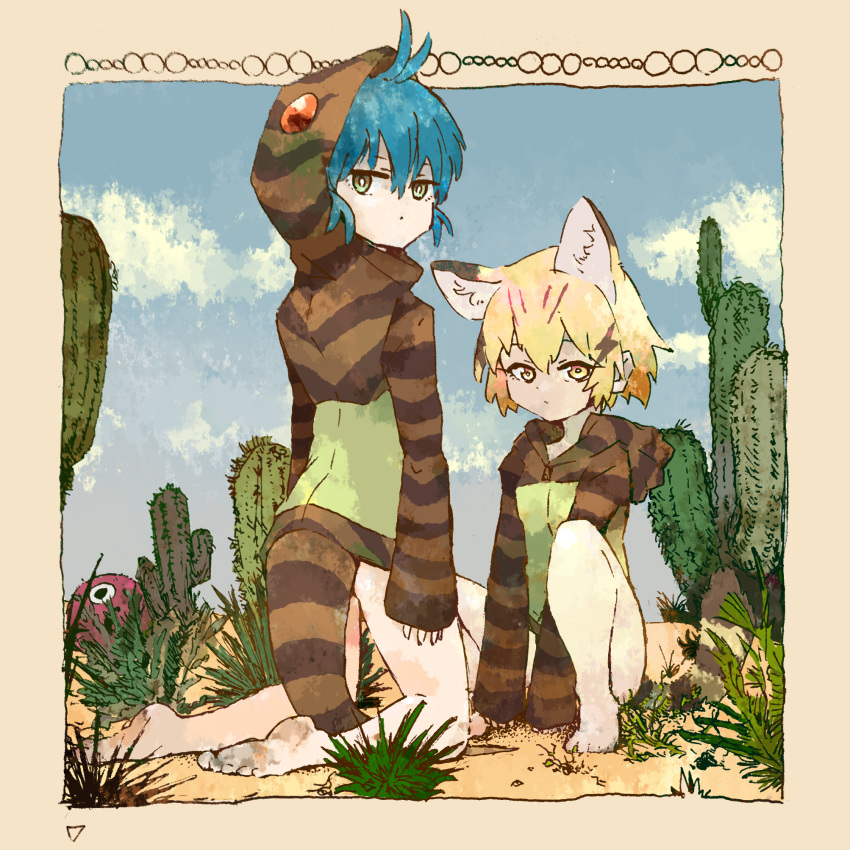 animal_ears ballpoint_pen_(medium) bare_legs barefoot between_legs blonde_hair blue_hair cactus cat_ears cat_tail cerulean_(kemono_friends) commentary_request cosplay dirty_feet elbow_gloves gloves green_eyes hand_between_legs highres hood hood_down hoodie kemono_friends kneeling knees_up long_sleeves multicolored_hair multiple_girls no_shoes sand_cat_(kemono_friends) short_hair sitting sleeves_past_wrists snake_tail tail toosk traditional_media tsuchinoko_(kemono_friends) tsuchinoko_(kemono_friends)_(cosplay) yellow_eyes