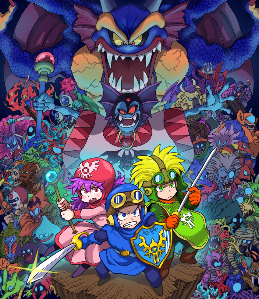 2boys blonde_hair blue_gloves breasts commentary_request cyclops_(dragon_quest) dragon_quest dragon_quest_ii drakee everyone gloves goggles graphite_(medium) hargon highres hood kafun long_hair medium_breasts medium_hair monster multiple_boys open_mouth prince_of_lorasia prince_of_samantoria princess_of_moonbrook short_hair sidoh slime_(dragon_quest) spiked_hair sword traditional_media weapon