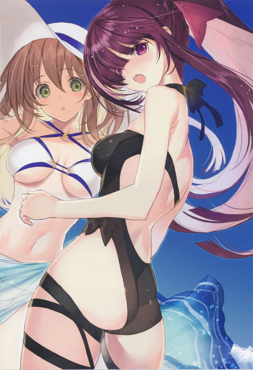 2girls :o absurdres ass bangs bare_arms bare_shoulders bikini black_swimsuit blonde_hair blush bow breasts brown_hair collarbone day eyebrows_visible_through_hair girls_frontline green_eyes hair_bow halterneck hat highres large_breasts long_hair looking_at_viewer looking_back m1903_springfield_(girls_frontline) medium_breasts multiple_girls nakamura_takeshi navel one-piece_swimsuit open_mouth outdoors ponytail purple_eyes purple_hair sarong scan shiny shiny_hair shiny_skin sidelocks sky sun_hat swimsuit thigh_strap thighs wa2000_(girls_frontline) white_swimsuit