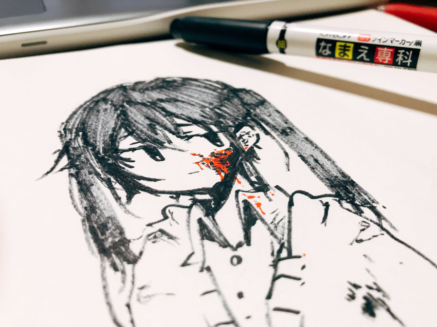 blood blood_on_face closed_mouth collared_shirt commentary_request eguchi_saan greyscale highres marker marker_(medium) monochrome original paper_(medium) photo shirt shirt_under_sweater solo spot_color traditional_media twintails