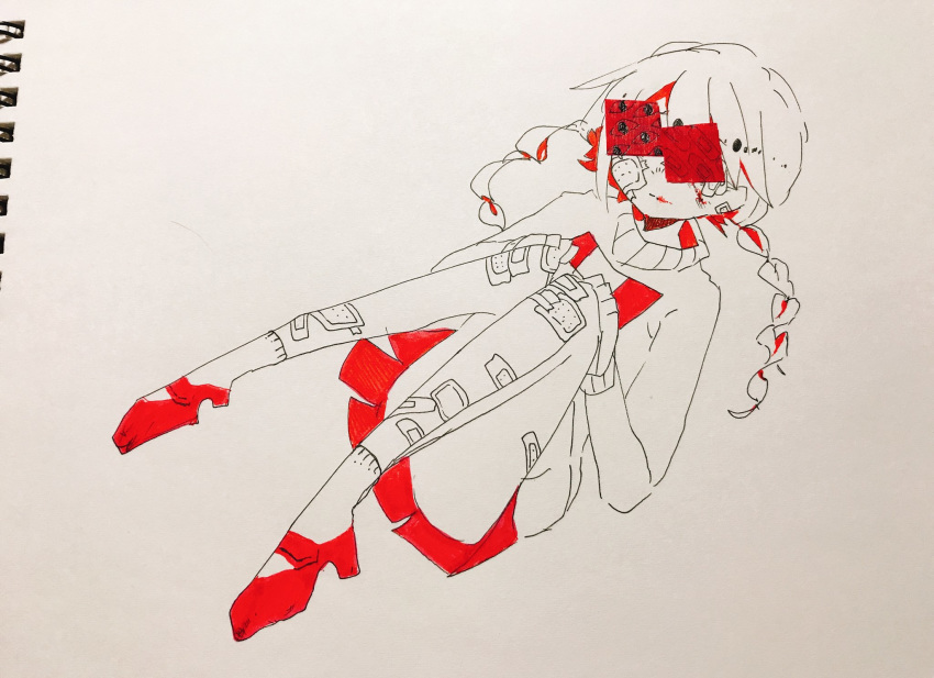 bandaid bandaid_on_knee bandaid_on_leg blood blood_on_face bloody_hair bloody_mouth braid closed_mouth commentary eguchi_saan facing_viewer full_body greyscale hands_on_own_knees high_heels highlights highres knees_together_feet_apart long_sleeves looking_at_viewer low_braid low_twin_braids madotsuki monochrome multicolored_hair paper_(medium) pen_(medium) pleated_skirt red_footwear red_skirt skirt sweater symbol_commentary twin_braids yume_nikki