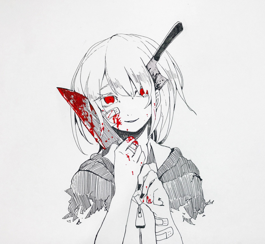 bandaid_on_arm bandaid_on_finger bangs blood blood_stain bloody_hands bloody_knife commentary_request eguchi_saan eyebrows_visible_through_hair greyscale hair_over_one_eye head_tilt highres holding holding_knife kitchen_knife knife knife_in_head looking_at_viewer monochrome original paper_(medium) pen_(medium) photo red_eyes short_hair solo spot_color zipper