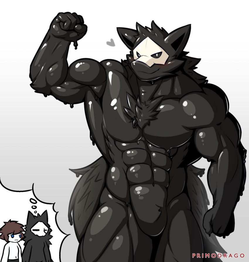 &lt;3 anthro biped black_fur blush canine changed_(video_game) daydream duo eyes_closed flexing fluffy fur goo_creature hi_res huge_tail human lin_(changed) male mammal mask monster muscular muscular_male nude primodrago puro_(changed) rubber simple_background standing white_background wolf