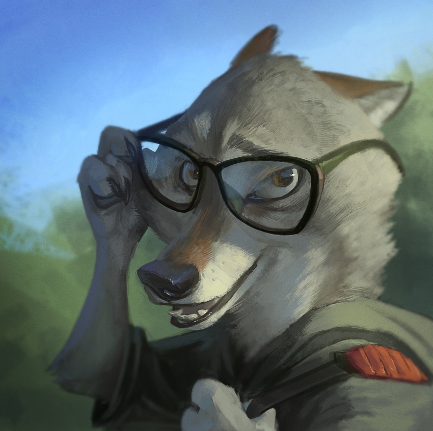 2018 anthro brown_eyes canine claws clothed clothing disney elbow_tufts eyewear fan_character glasses looking_at_viewer male mammal monoflax outside solo stealthsy_(character) tuft wolf zootopia