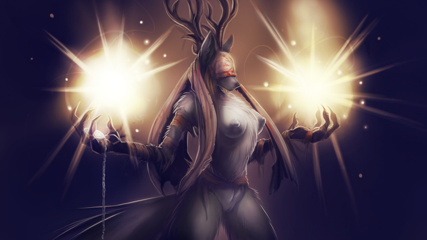 anthro antlers bandage beast_(bloodborne) black_nose blindfold blonde_hair bloodborne bottomless breasts canine cervine claws clothed clothing female fromsoftware fur hair horn mammal monster nipples pendant pussy solo vicar_amelia watsup white_fur