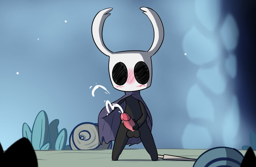 anthro balls barefoot blush cum cum_on_penis cumshot ejaculation erection hi_res hollow_knight hollow_knight_(species) horn humanoid humanoid_penis looking_at_viewer male masturbation mostly_nude orgasm penis pink_penis presenting presenting_penis protagonist_(hollow_knight) rabblet solo standing weapon