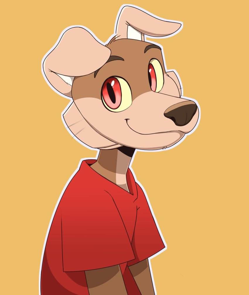 2018 anthro brown_fur bust_(disambiguation) canine cewljoke clothed clothing floppy_ears fur kom looking_at_viewer male mammal portrait red_eyes red_shirt shirt simple_background smile solo white_outline yellow_background yellow_sclera