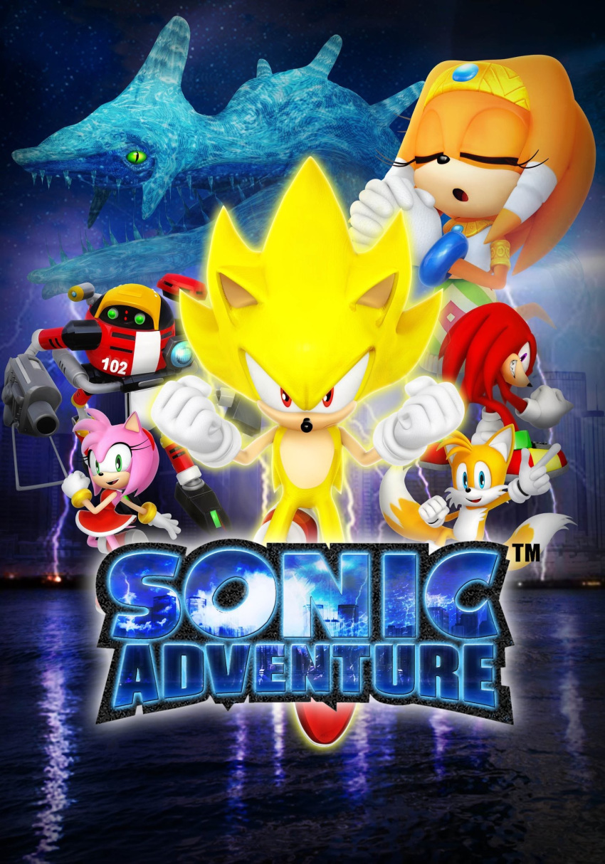 3boys 3d amy_rose blue_eyes chaos_(sonic) clenched_hands closed_eyes creature downscaled e-102_gamma green_eyes hands_clasped highres knuckles_the_echidna lightning logo md5_mismatch monster multiple_boys multiple_girls nibroc_rock_(artist) own_hands_together praying purple_eyes rain red_eyes resized robot sonic sonic_adventure sonic_the_hedgehog storm super_sonic tails_(sonic) thunder tikal_the_echidna