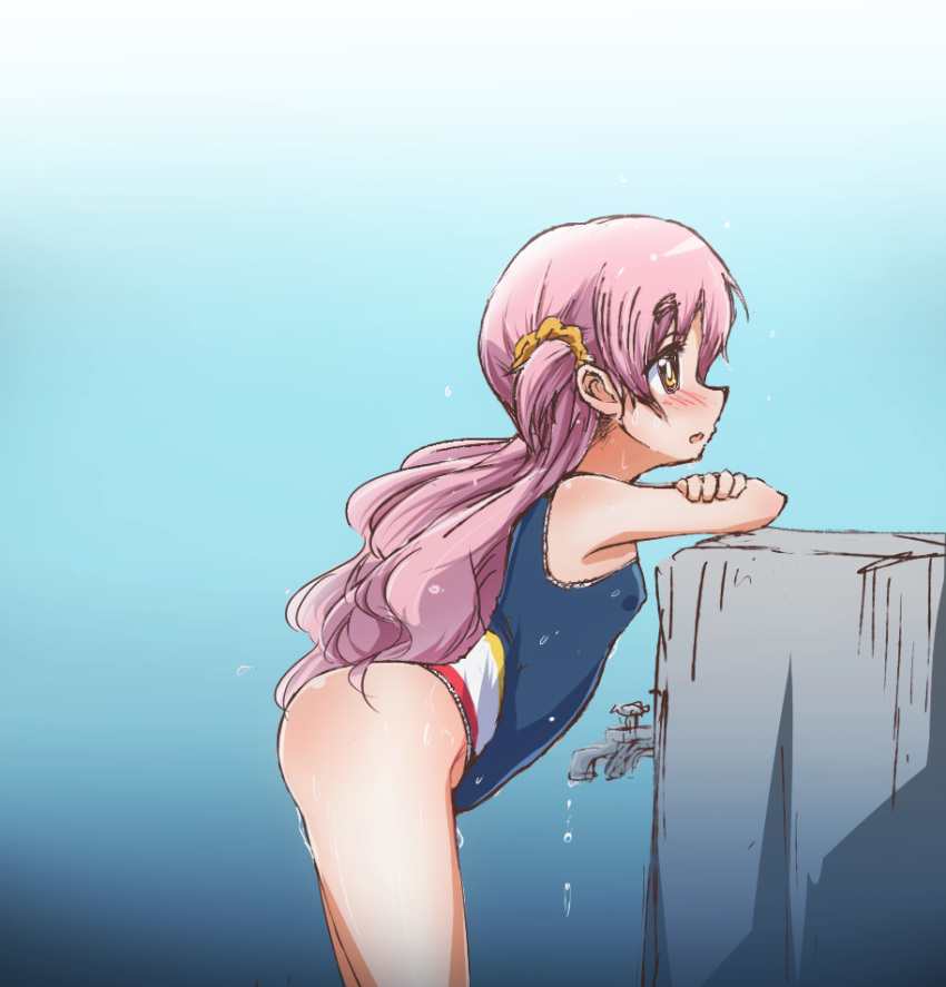 ass blue_background blush breasts gradient gradient_background grey_hair highres long_hair mahou_shoujo_madoka_magica mahou_shoujo_madoka_magica_movie momoe_nagisa nipples one-piece_swimsuit open_mouth school_swimsuit simple_background small_breasts solo swimsuit yanmaami yellow_eyes