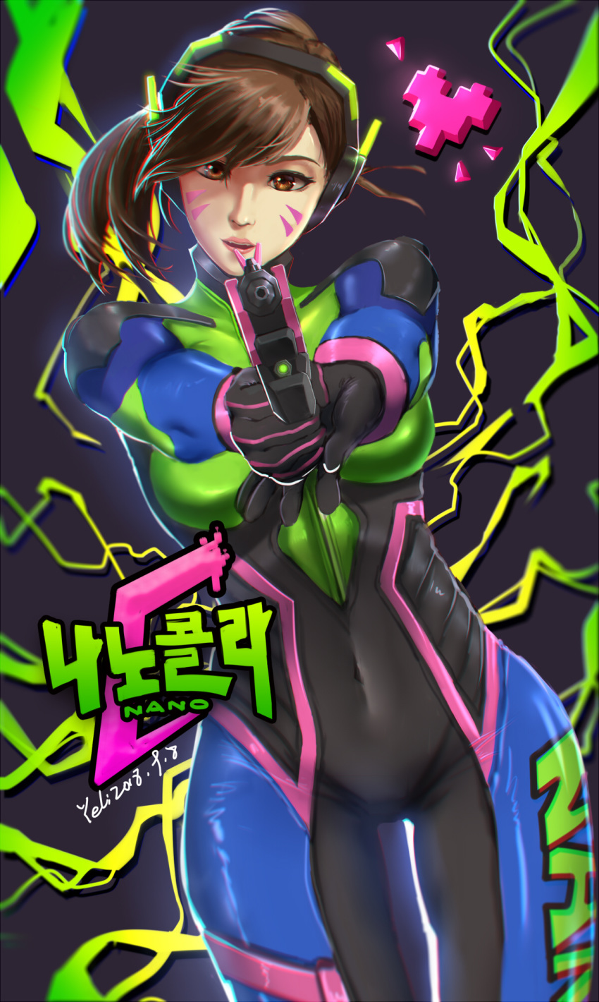 aiming_at_viewer asian bangs blue_bodysuit bodysuit breasts brown_eyes brown_hair chinese_commentary clothes_writing commentary_request covered_navel cowboy_shot d.va_(overwatch) dated facepaint facial_mark foreshortening gun handgun head_tilt headphones headset high_collar highres holding holding_gun holding_weapon long_hair looking_at_another medium_breasts nano_cola_d.va nose overwatch parted_lips pilot_suit pink_lips pistol pixel_heart pixelated ponytail realistic shoulder_pads signature skin_tight solo swept_bangs thigh_gap weapon whisker_markings wide_hips xiaoxie zipper