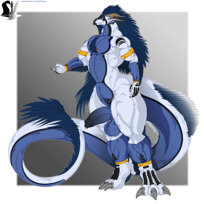 2018 4_fingers abs anthro anthro_dragon athletic balls biceps big_balls big_penis big_tail blue_balls blue_eyes blue_feathers blue_penis blue_skin bracelet circumcised claws clerian clerian_(clerian) digital_media_(artwork) dragon erection feathers feet front_view genital_piercing glans hair hi_res horn huge_tail humanoid_penis jewelry long_hair male manly markings muscular muscular_male muscular_thighs navel nude pecs penis penis_piercing piercing pose prince_albert_piercing quads scales scalie seductive solo standing straps tattoo teeth thick_penis thick_tail thick_thighs toe_claws triceps white_skin wide_hips