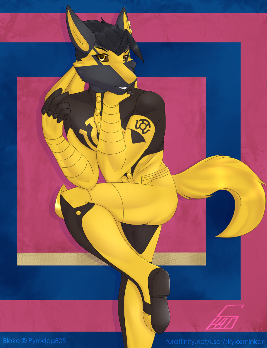 alternate_color anthro clothed clothing fan_character jojo's_bizarre_adventure lucario male nintendo pok&eacute;mon pok&eacute;mon_(species) pose skylosminkan solo video_games yellow_lantern