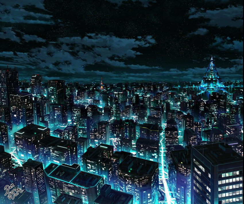 building city city_lights cityscape cloud dark highres horizon megastructure night night_sky no_humans original outdoors pigsomedom scenery sky skyscraper star_(sky) starry_sky tower window