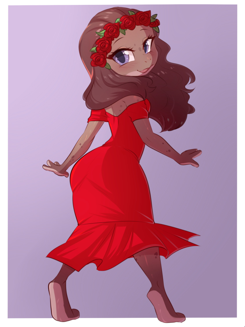 2018 amphibian anthro barefoot brown_hair butt_pose claralaine clothed clothing dress feet female flower_crown frog hair long_hair looking_at_viewer purple_eyes red_dress soles solo standing tamara_(scootshako) young