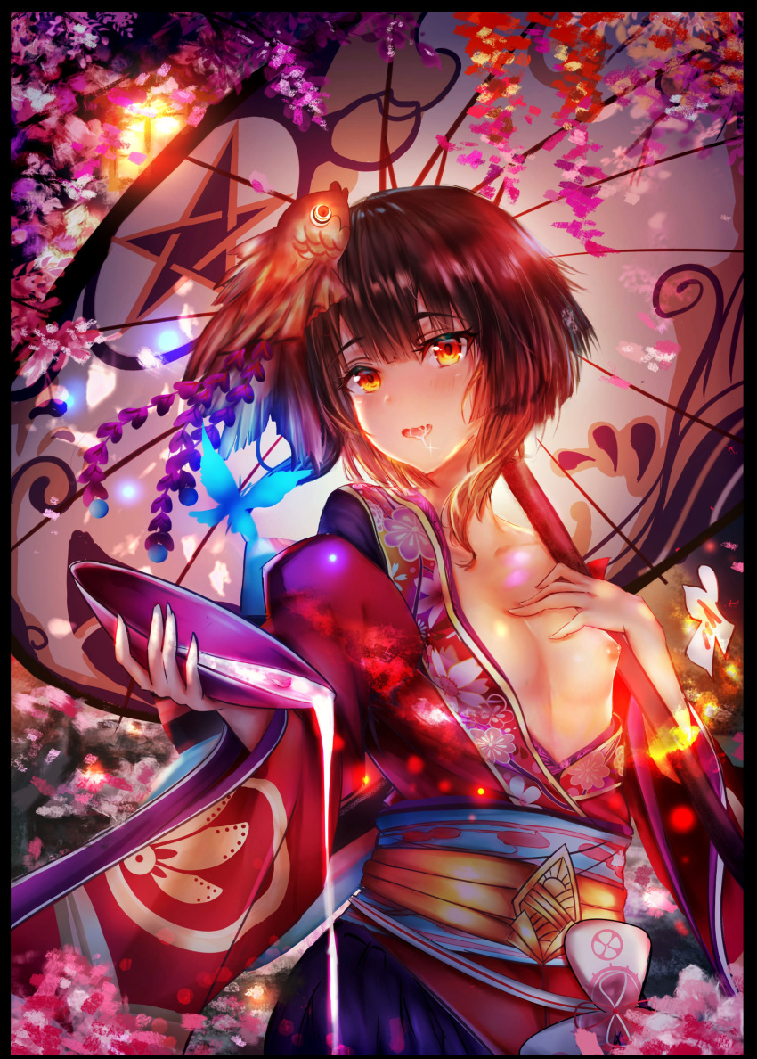 absurdres black_border blush border breasts brown_eyes brown_hair cleavage cup fish flower goldfish hair_ornament hand_on_own_breast highres japanese_clothes kagura_(onmyoji) kimono looking_at_viewer luminous nipples off_shoulder onmyoji parasol sakazuki saliva short_hair small_breasts smile solo spill standing umbrella upper_body