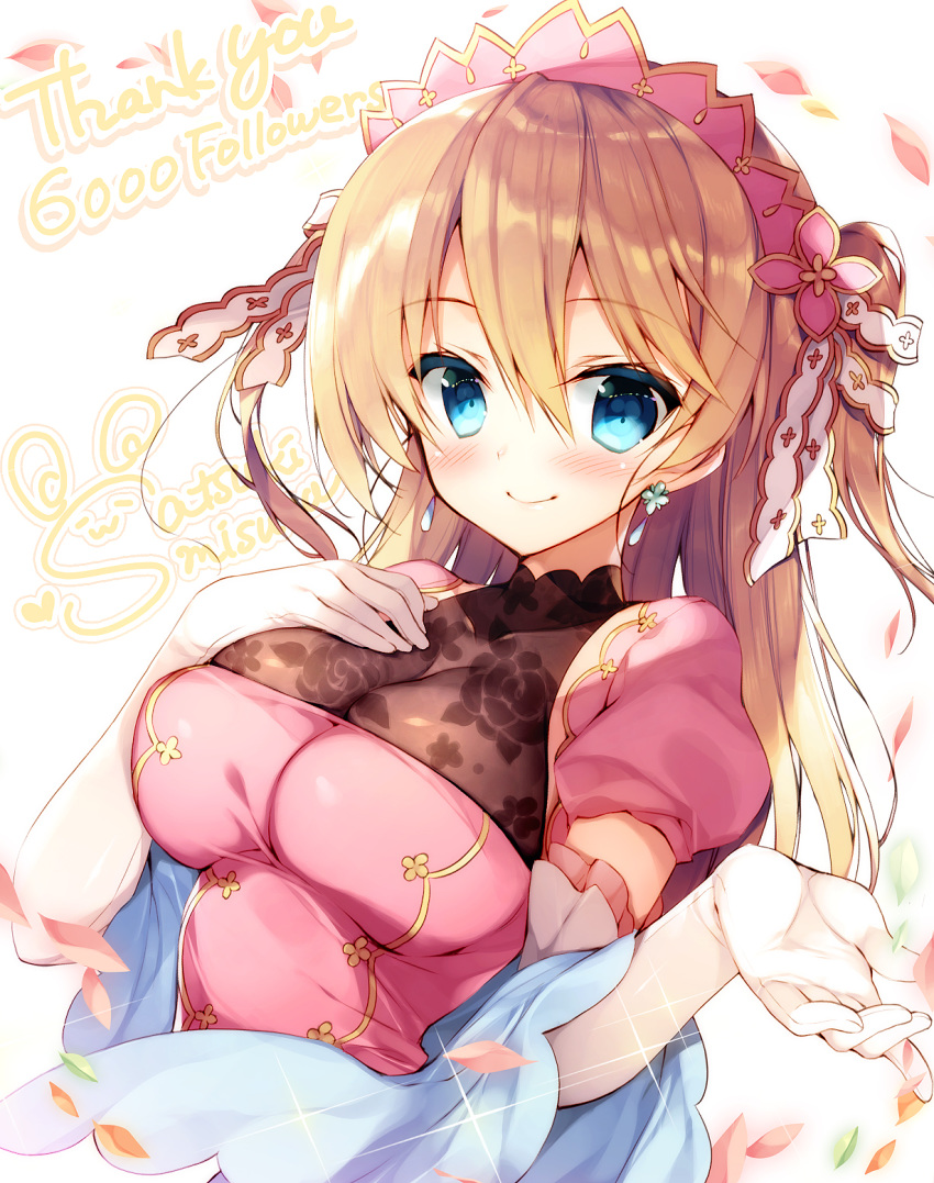 artist_name bangs blue_eyes blush brave_girl_ravens breasts character_request closed_mouth commentary_request dress eyebrows_visible_through_hair followers gloves hair_between_eyes hair_ribbon hand_on_own_chest hands_up highres light_brown_hair long_hair medium_breasts petals pink_dress puffy_short_sleeves puffy_sleeves ribbon satsuki_misuzu see-through shawl short_sleeves signature simple_background smile solo thank_you very_long_hair white_background white_gloves white_ribbon