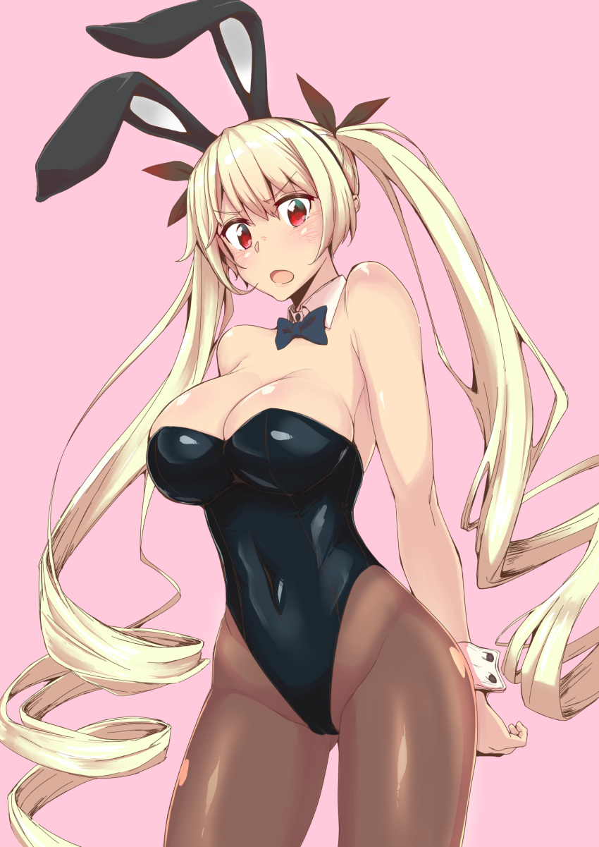 animal_ears azur_lane black_leotard black_neckwear blonde_hair bow bowtie breasts brown_legwear bunny_ears bunny_girl bunny_tail bunnysuit chizuru_(chizucoman) cowboy_shot detached_collar highres large_breasts leotard long_hair looking_at_viewer nelson_(azur_lane) pantyhose pink_background red_eyes simple_background solo standing strapless strapless_leotard tail twintails wrist_cuffs