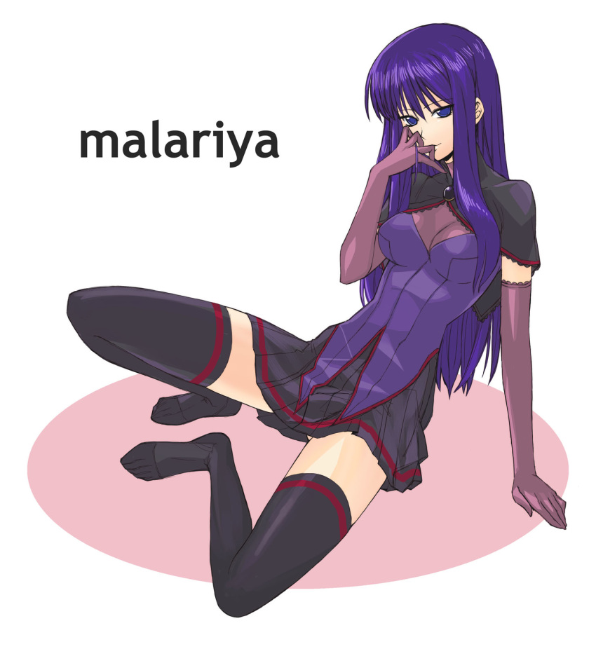 black_capelet black_legwear breasts capelet character_name closed_mouth commentary_request elbow_gloves gloves grey_skirt highres large_breasts long_hair malariya miniskirt no_shoes purple_eyes purple_hair purple_vest quiz_magic_academy red_gloves sitting skirt smile solo tetsu_(kimuchi) thighhighs vest white_background