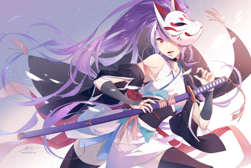 black_legwear bridal_gauntlets commentary fox_mask highres japanese_clothes katana kimono long_hair mask original ponytail purple_hair red_eyes short_kimono smile solo sword thighhighs very_long_hair weapon zetallis