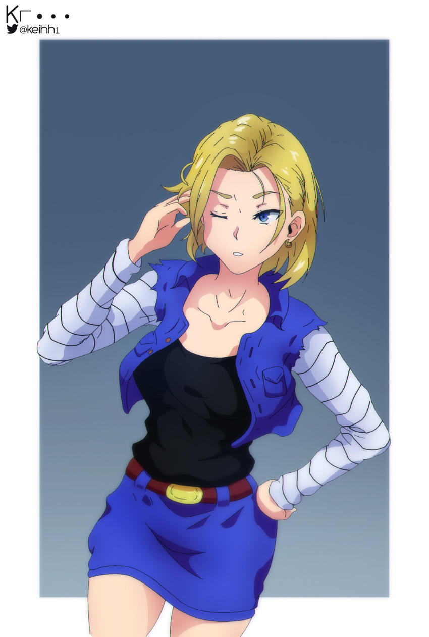 1girl android_18 blonde_hair blue_eyes dragon_ball dragonball_z hand keihh pose_sexy shirt simple_background solo white_shirt