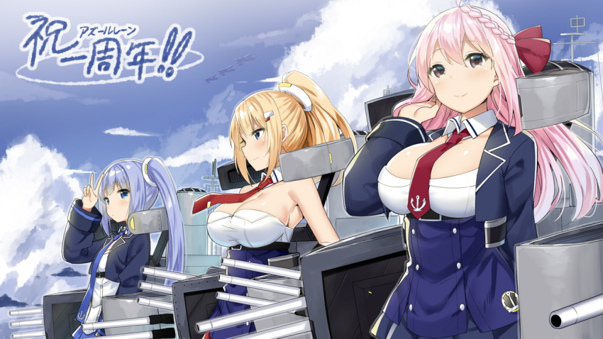 aircraft armpits astoria_(azur_lane) azur_lane blonde_hair blue_hair breasts cleavage commentary_request hair_ornament jacket large_breasts long_hair multiple_girls necktie pink_hair ponytail quincy_(azur_lane) sky_(freedom) translation_request twintails v vincennes_(azur_lane)