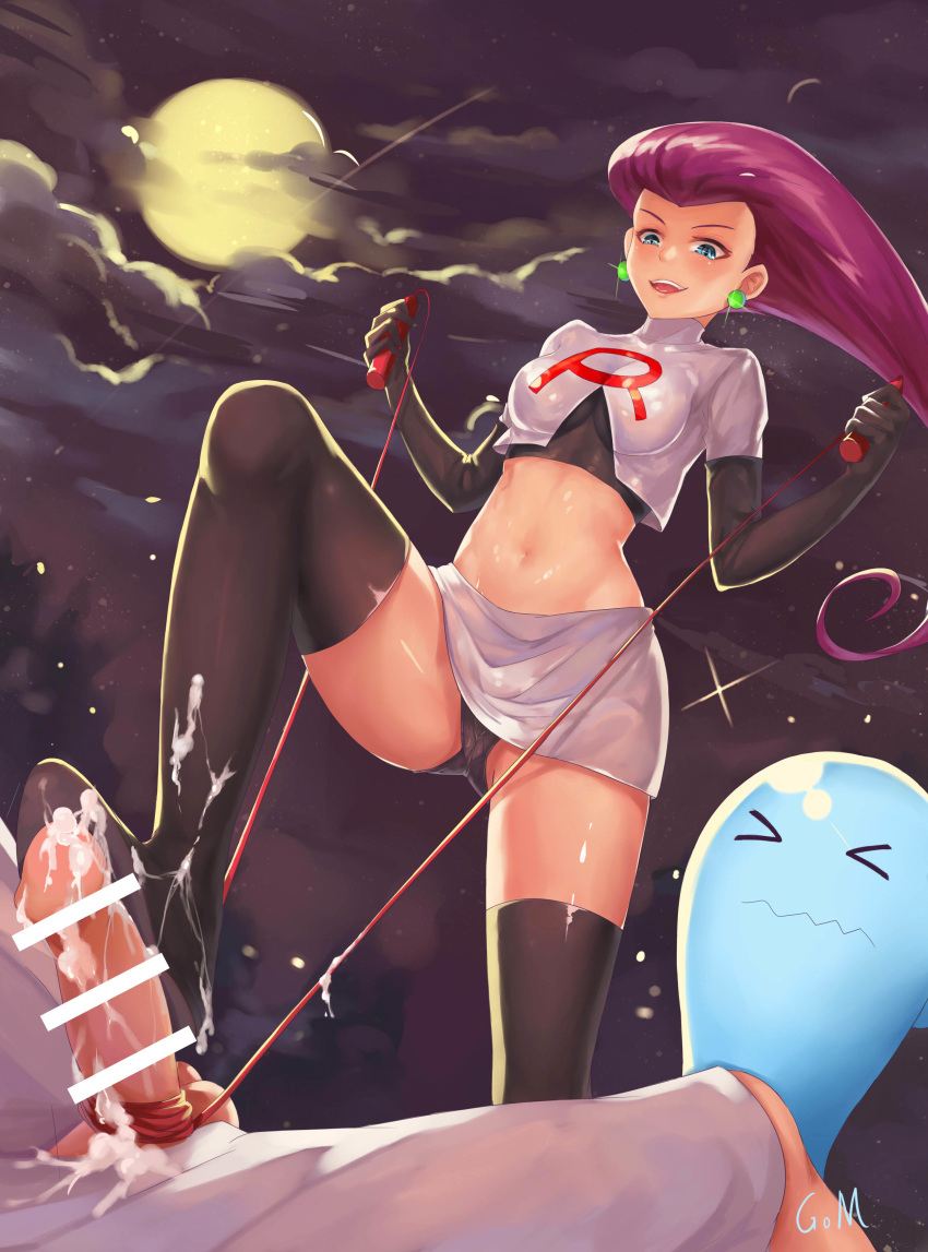 1girl blue_eyes boots censored clouds creatures_(company) cum earrings elbow_gloves erection femdom game_freak gen_2_pokemon gloves jewelry long_hair looking_down moon musashi_(pokemon) navel nintendo outside panties penis pokemon pokemon_(anime) pokemon_(classic_anime) purple_hair shoejob skirt sky smile team_rocket teeth testicles thigh_boots thighhighs tied_penis tongue underwear upskirt wobbuffet xiao_miao