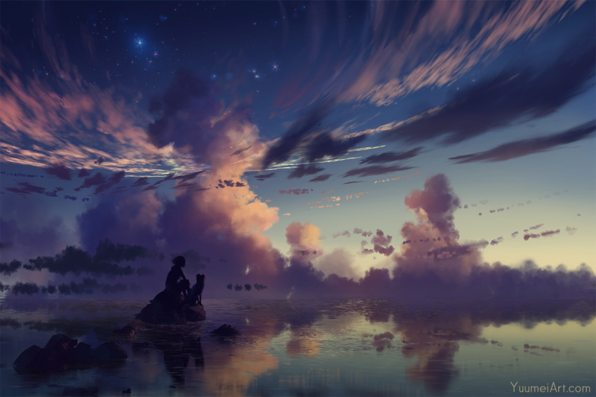 cloud commentary english_commentary facing_away from_behind god horizon original reflection short_hair sitting sky solo star_(sky) starry_sky twilight water watermark web_address wenqing_yan