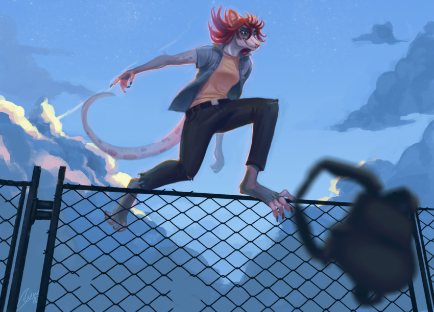 2018 4_toes 5_fingers anthro backpack barefoot chain-link_fence clothed clothing day depth_of_field detailed_background digital_media_(artwork) female fence hair mammal marsupial opossum outside red_eyes red_hair ruino4ka signature sky smile solo toes