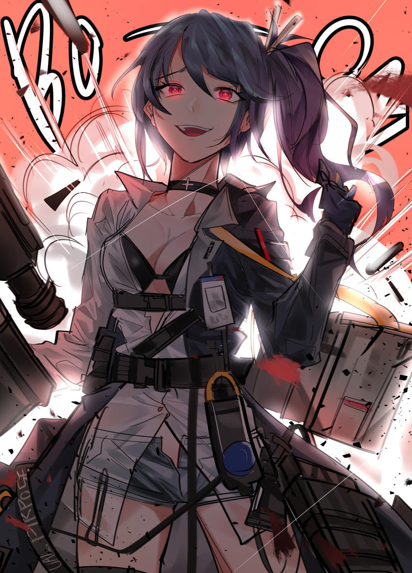 assault_rifle asymmetrical_clothes backpack bag belt_pouch bikini_top blue_hair choker cizzi commentary_request cross daewoo_k11 evil_smile explosion fingerless_gloves girls_frontline gloves glowing glowing_eyes gun highres jacket k11_(girls_frontline) multimeter open_clothes open_jacket open_shorts ponytail pouch red_eyes rifle shorts smile weapon