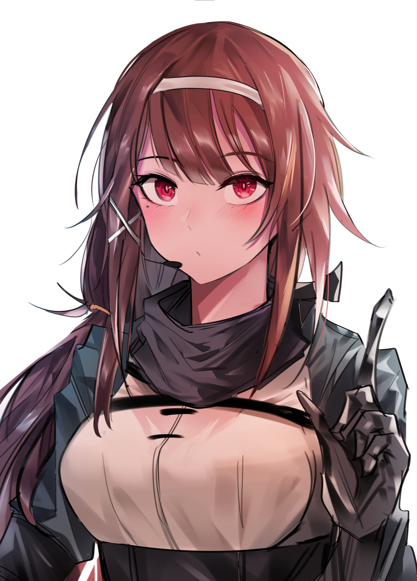 absurdres bangs blue_jacket blush brown_hair cizzi closed_mouth earpiece eyebrows_visible_through_hair framed_breasts girls_frontline gloves grey_scarf hair_between_eyes hair_ribbon hairband handband headset highres index_finger_raised jacket js_9_(girls_frontline) long_hair looking_at_viewer low_ponytail mechanical_arm mole mole_under_eye multiple_straps red_eyes ribbon scarf sidelocks solo strap tied_hair underbust upper_body very_long_hair white_background white_hairband white_ribbon