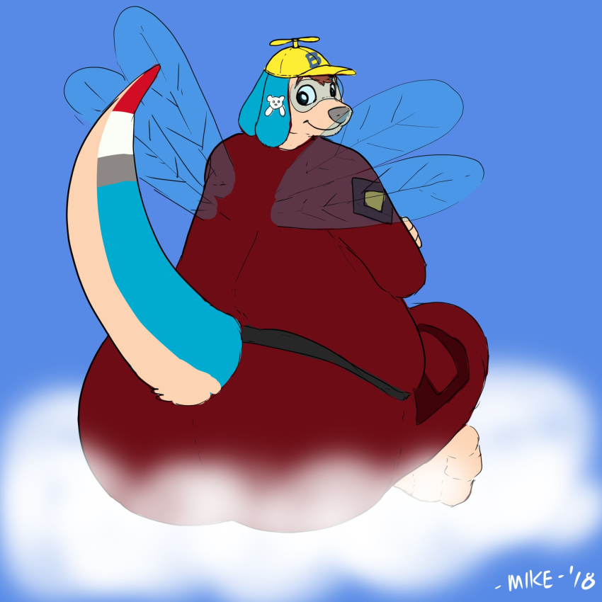 anthro arthropod bridgie_the_heligator_(character) butt canine clothing cloud dinosaur dragonfly fox heligator hi_res hybrid insect kangaroo male mammal marsupial mike- mike-_(artist) overweight overweight_male rear_view sitting sky solo suit the_dreamstone wings