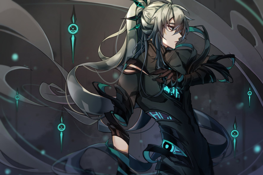 ainchase_ishmael aqua_eyes bad_id bad_pixiv_id bangs black_coat black_gloves blurry corruption dark_persona depth_of_field detached_arm elsword expressionless eyes floating floating_object gloves hair_ornament herrscher_(elsword) high_ponytail highres jtlo123412 long_hair male_focus multicolored_hair ponytail profile sidelocks silver_hair solo torn_clothes