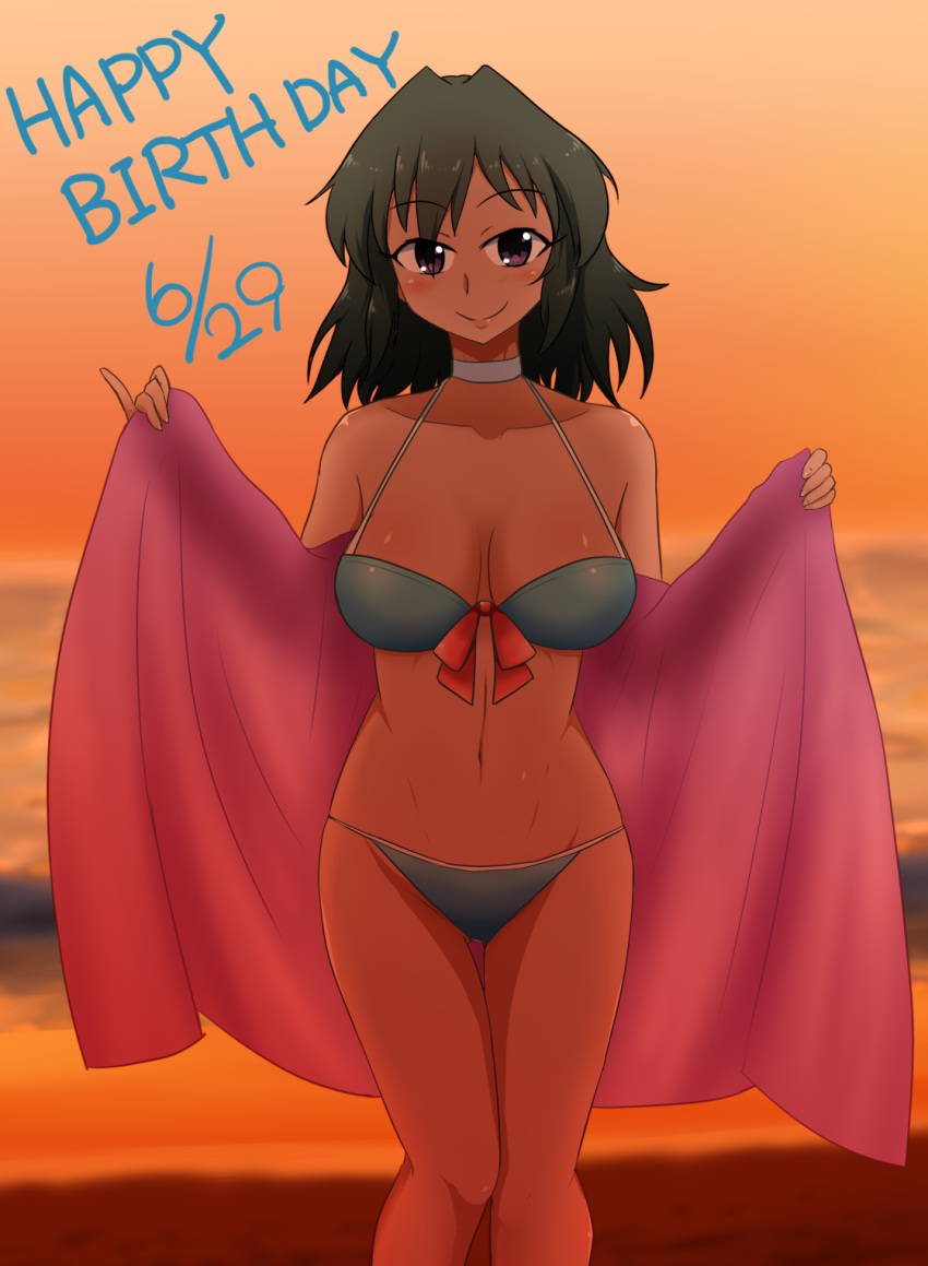 1girl bangs beach bikini black_hair blue_bikini blurry blurry_background blush breasts choker collarbone dark_skin eyebrows_visible_through_hair female hands_up happy_birthday highres horizon idolmaster large_breasts looking_at_viewer medium_hair natalia_(idolmaster) navel neichii ocean orange_sky outdoors purple_eyes shiny shiny_hair shiny_skin skindentation sky smile solo standing sunset swimsuit towel water white_choker