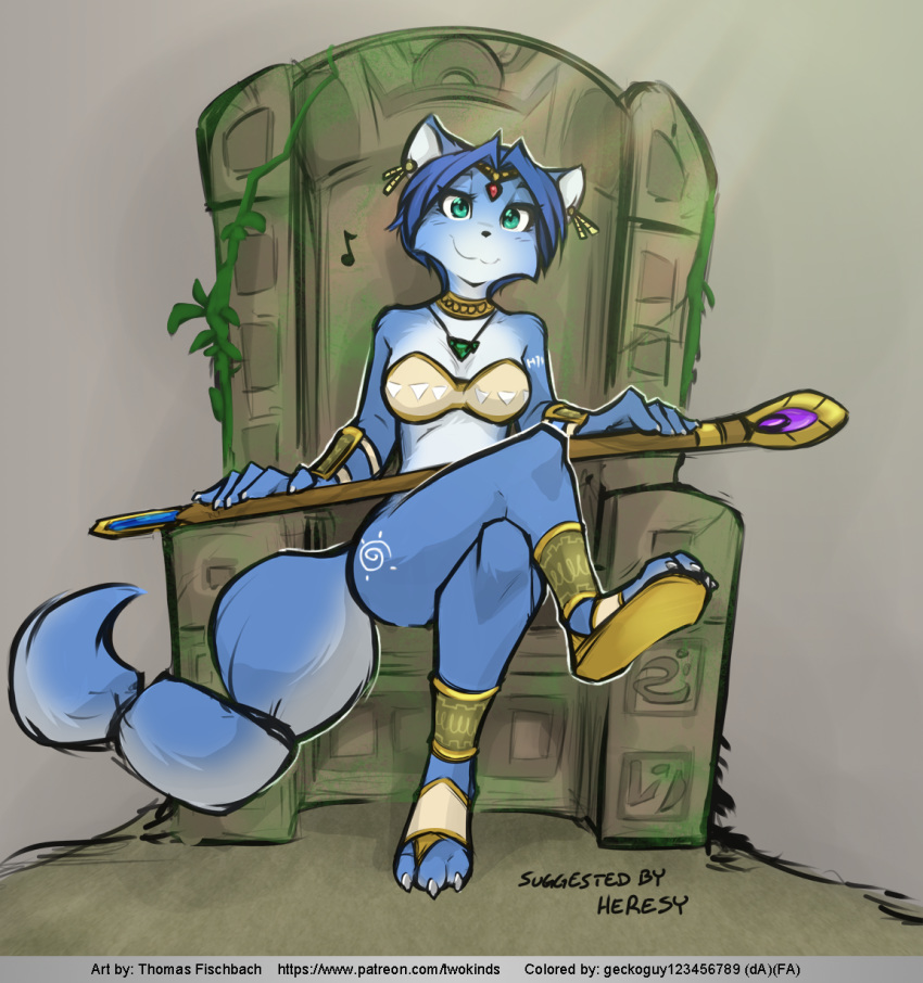 2018 3_toes ankle_band anthro black_nose blue_eyes blue_fur breasts canine chair clothed clothing collar color_edit colored crossed_legs edit female footwear fox fur geckoguy123456789 gem green_eyes hair hi_res jewelry krystal krystal's_staff looking_at_viewer mammal markings musical_note necklace nintendo sandals short_hair sitting skimpy smile solo staff star_fox tailband throne toes tom_fischbach tribal tribal_markings url video_games vines white_fur