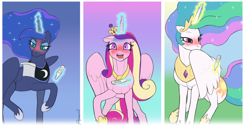 2018 arareroll blush collar crown cutie_mark equine feathered_wings feathers female feral friendship_is_magic hair hi_res horn looking_at_viewer mammal multicolored_hair my_little_pony open_mouth pink_eyes pregnancy_test princess princess_cadance_(mlp) princess_celestia_(mlp) princess_luna_(mlp) purple_eyes royalty signature teal_eyes winged_unicorn wings