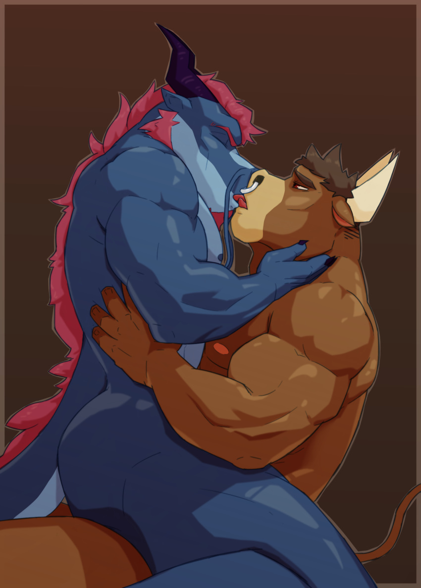 2018 abs anthro biceps bovine cattle cervine claws digital_media_(artwork) dragon duo eyes_closed french_kissing fur hi_res horn kissing male male/male mammal mills muscular muscular_male nipples nude open_mouth pecs rsotot simple_background tongue