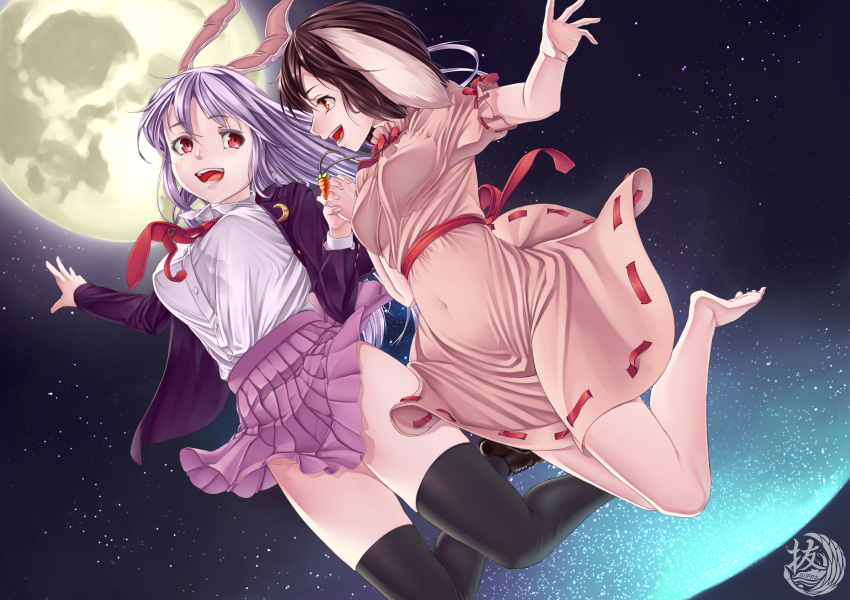 animal_ears artist_logo artist_name bare_legs barefoot black_legwear bouncing_breasts breasts brown_hair bunny_ears carrot_necklace commentary_request crescent crescent_moon_pin dress dutch_angle folded_leg full_moon highres holding_hands inaba_tewi interlocked_fingers jacket jumping lavender_hair loafers long_hair long_sleeves looking_at_another medium_breasts moon moonlight multiple_girls necktie night night_sky nuppa open_clothes open_hand open_jacket open_mouth orange_eyes outdoors pink_dress pleated_skirt purple_skirt red_eyes red_neckwear reisen_udongein_inaba revision ribbon-trimmed_dress ribbon-trimmed_skirt ribbon-trimmed_sleeves ribbon_trim sash shirt shirt_tucked_in shoes short_hair short_sleeves skirt sky small_breasts star_(sky) starry_sky suit_jacket thighhighs touhou white_shirt